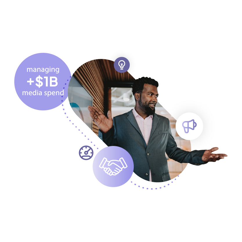 Man in a suit gesturing, surrounded by icons and text bubbles.