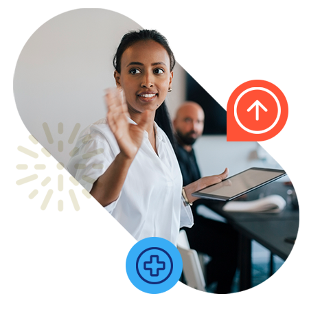 Woman presenting with a tablet, colorful graphic icons.