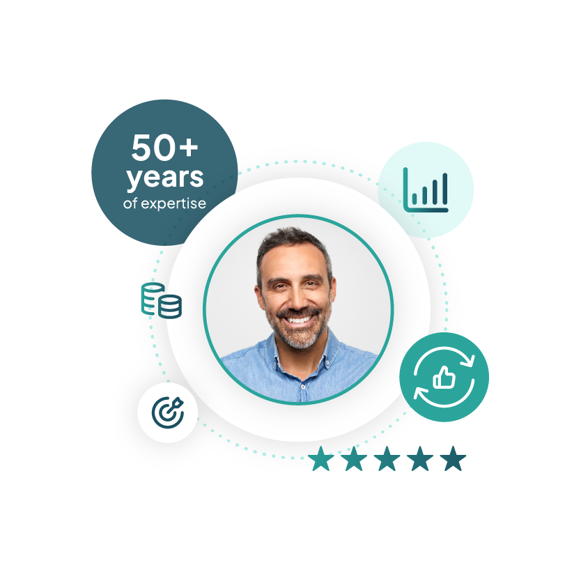 Smiling man surrounded by icons and stars, showcasing expertise.