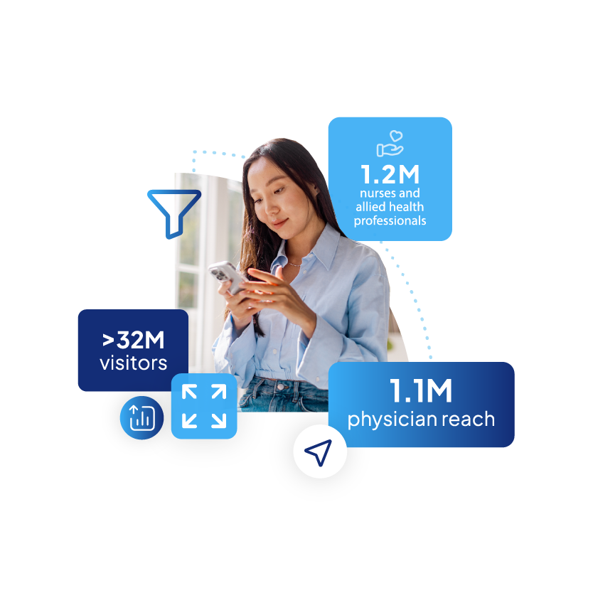Woman in a blue shirt using a smartphone, with data graphics around her.
