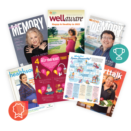 Various health magazines with colorful covers displayed.