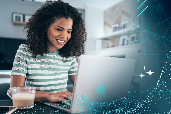 Woman smiling while using a laptop at home, with a modern digital overlay.