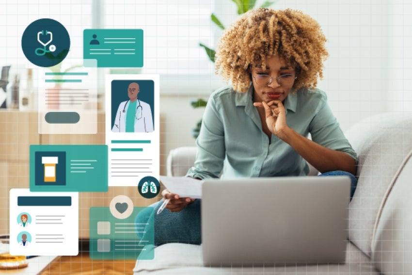 Woman on couch using a laptop, surrounded by digital healthcare icons.