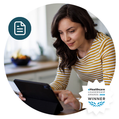 Woman in striped shirt using a tablet in a kitchen, e-healthcare award badge