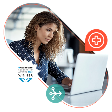 Woman working on a laptop, e-healthcare award icon attached.