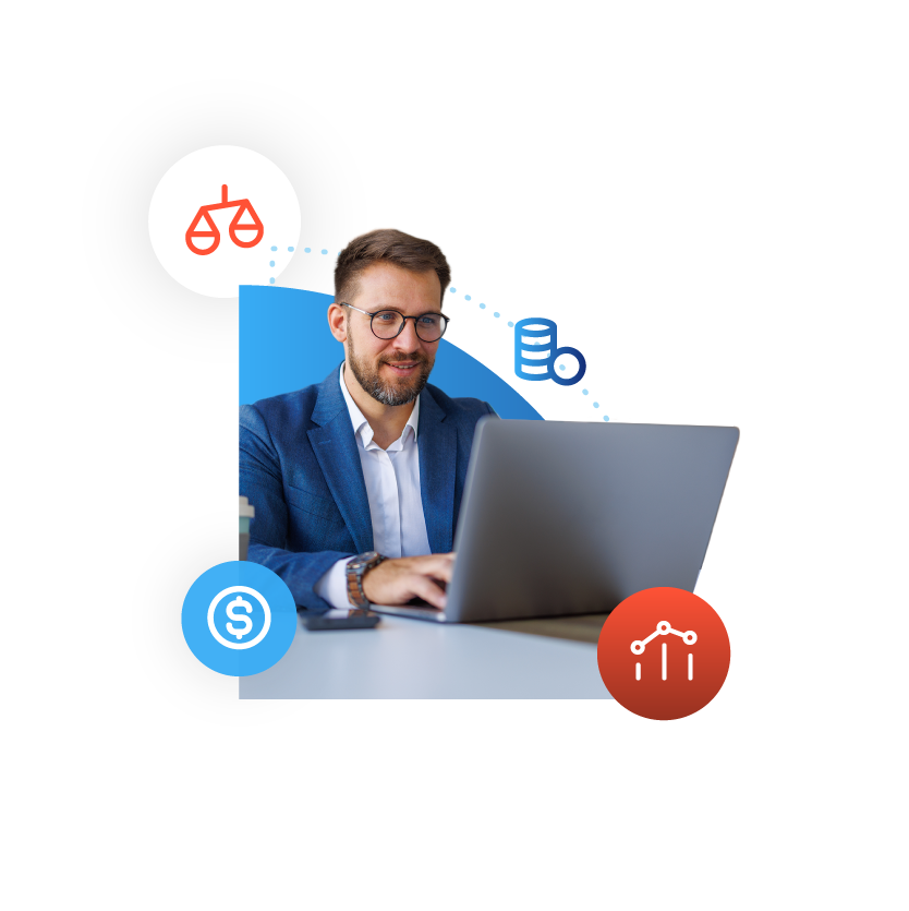 Man in a blue suit working on a laptop with graphic icons around.