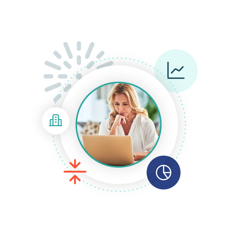 Woman focused on laptop, surrounded by business icons.