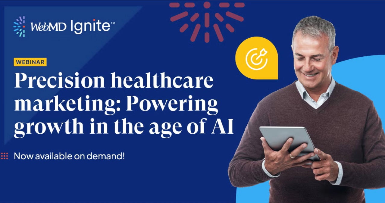 Man using a tablet, text about AI in healthcare marketing, blue background.