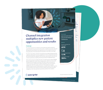 A brochure with a woman using a tablet and teal graphics.