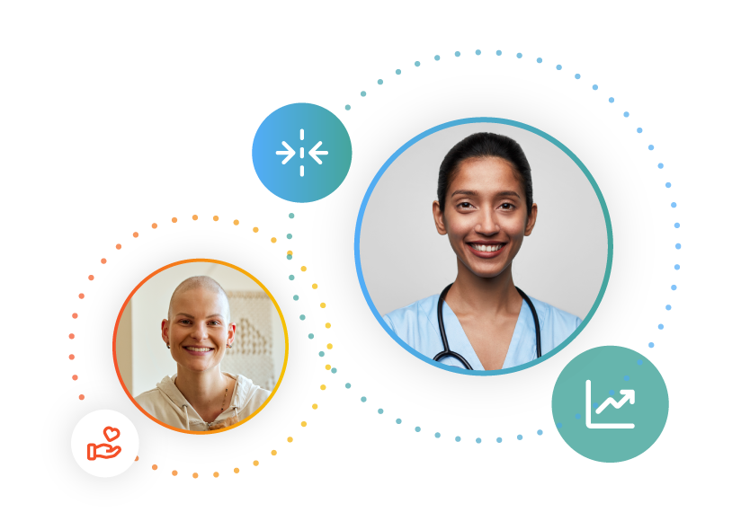Two smiling portraits connected by dotted circles, symbols for healthcare and progress.