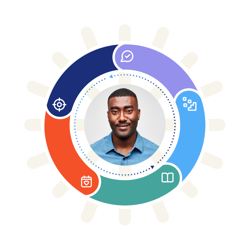 Smiling man at the center of a multicolored circular graphic.