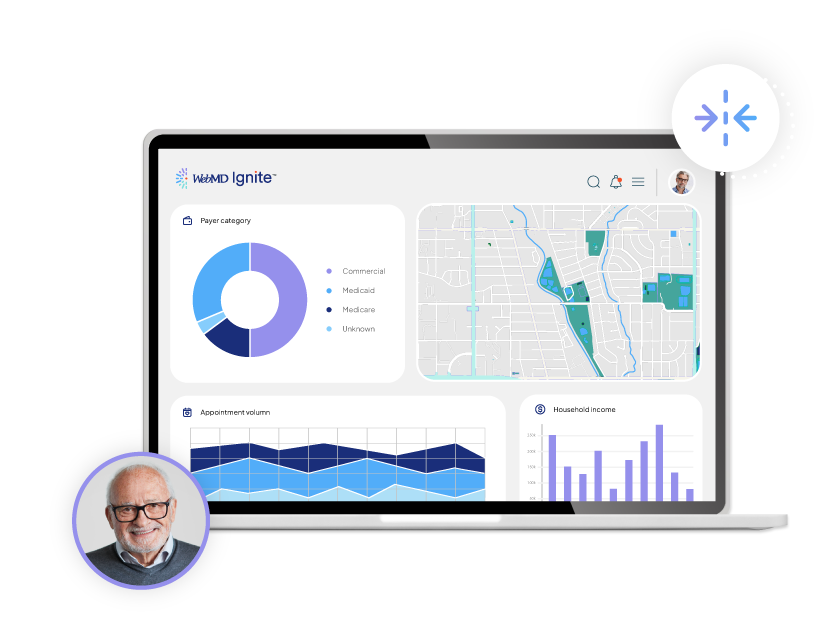 Laptop displaying data charts and maps, with a photo of an elderly man beside it.