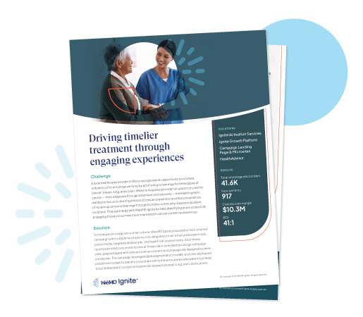 Two people talking, document with text and company logo.