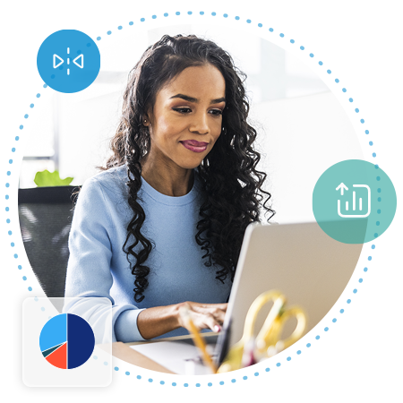 Woman in a blue sweater working on a laptop, surrounded by icons.