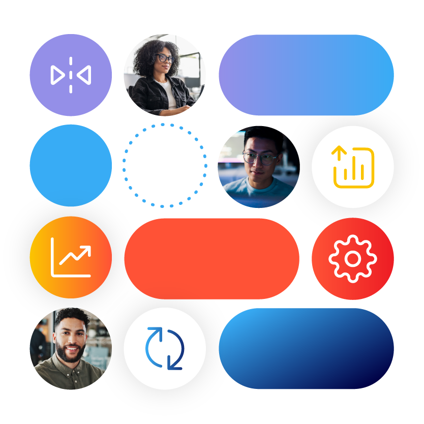 Colorful grid with icons, graphs, and people in circles.