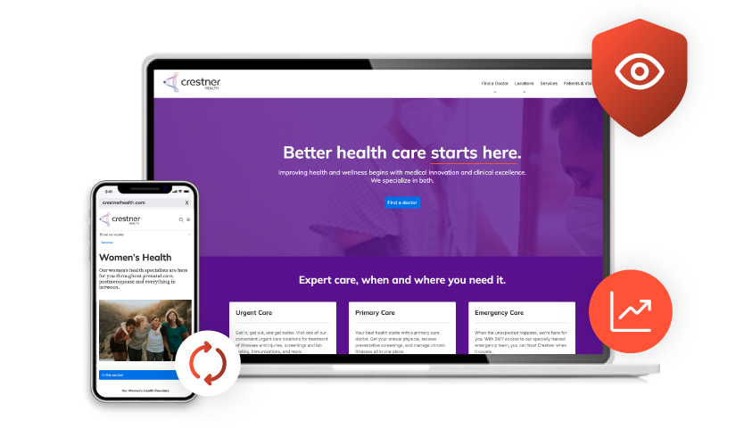 Health website displayed on a laptop and smartphone, with security and analytics icons.