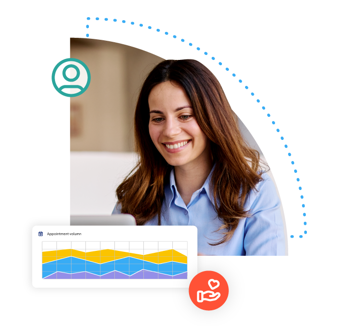 Smiling woman on laptop with colorful data chart.