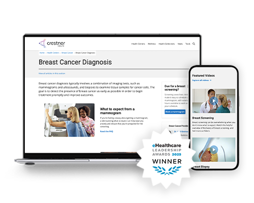 Laptop and smartphone displaying example of HealthHub, accompanied by an e-healthcare award badge.