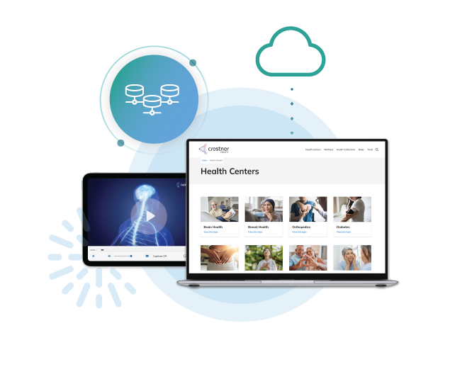 Tablet and laptop with health content, blue tech graphics in background.