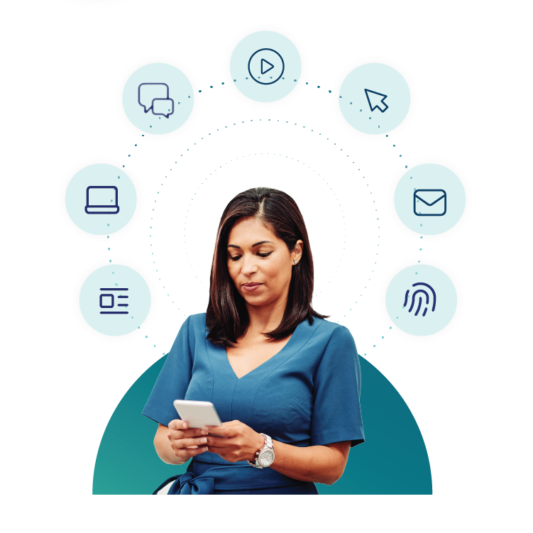Woman in blue using smartphone, surrounded by digital icons.
