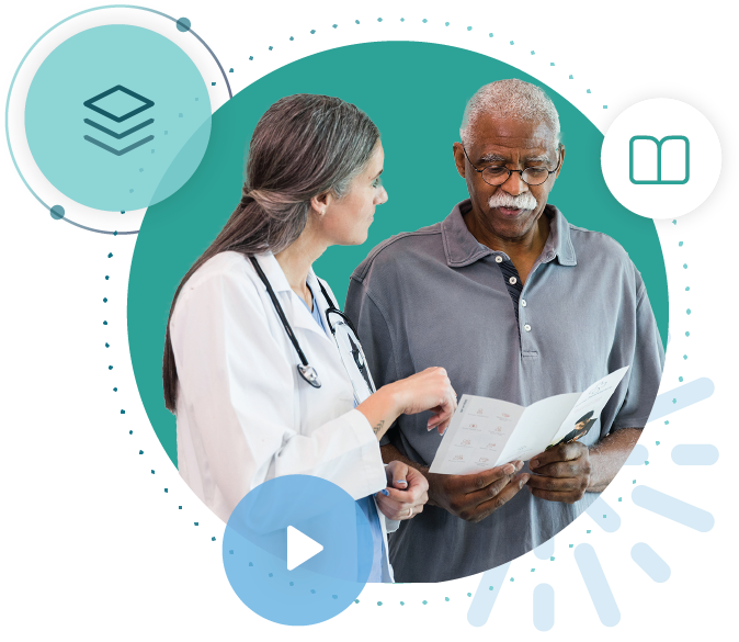 Doctor discussing a brochure with an older man.