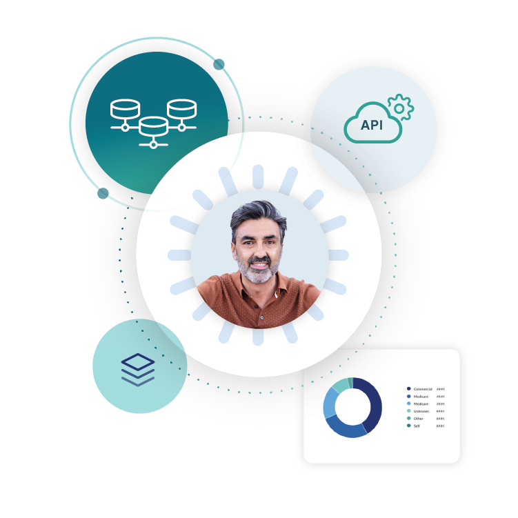 Man smiling in a tech-themed graphic with icons.
