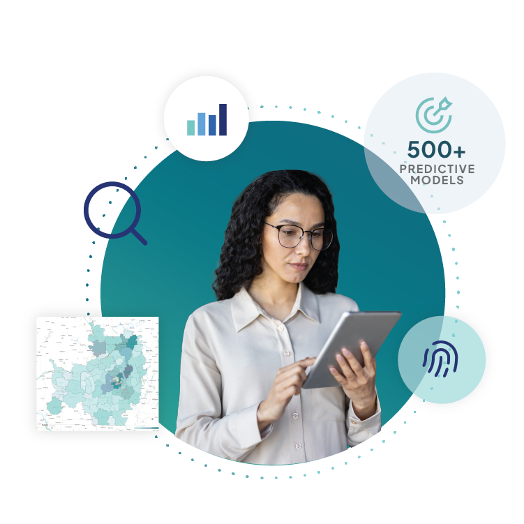Woman with tablet surrounded by analytics icons and graphs.