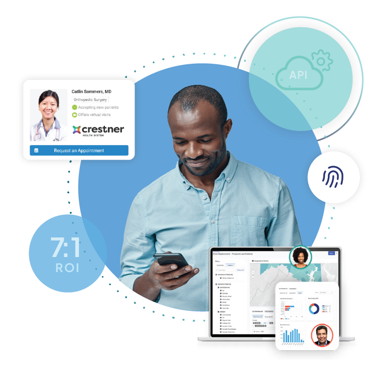 Man smiling at phone, surrounded by tech graphics and icons.