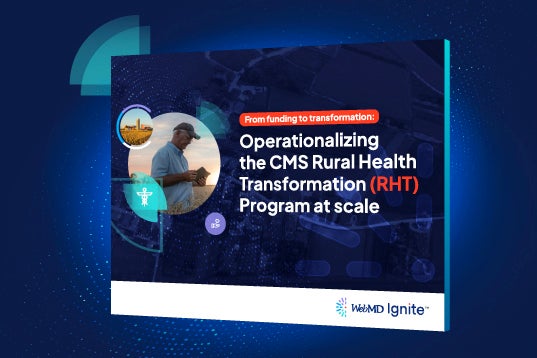Graphic with a man using a tablet, text about CMS rural health transformation.