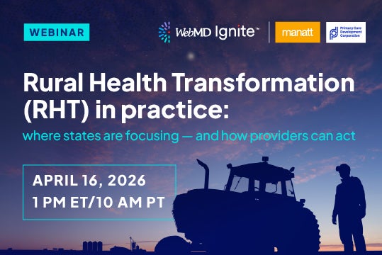 Silhouette of a farmer and tractor at sunset with webinar details.