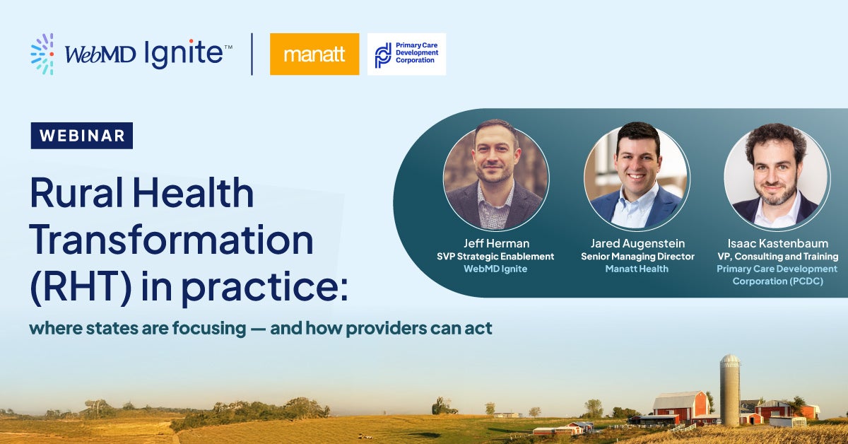 Webinar banner for Rural Health Transformation with rural landscape and three speaker headshots