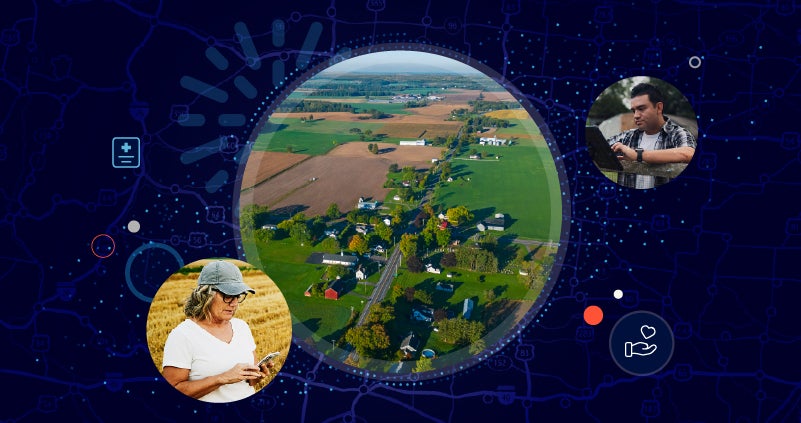 rurak landscape image man and woman using technology, with dark blue graphic background