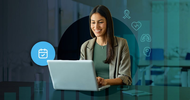 Woman smiling while using a laptop at home, with a modern digital overlay.