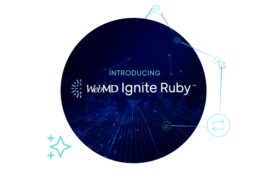 Dark blue, digital graphic background with text, "Introducing WebMD Ignite Ruby"