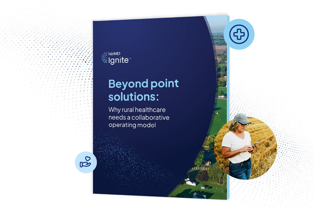 Dark blue digital graphic with woman in rural background and text, "Beyond point solutions: Why rural healthcare needs a collaborative operating model"