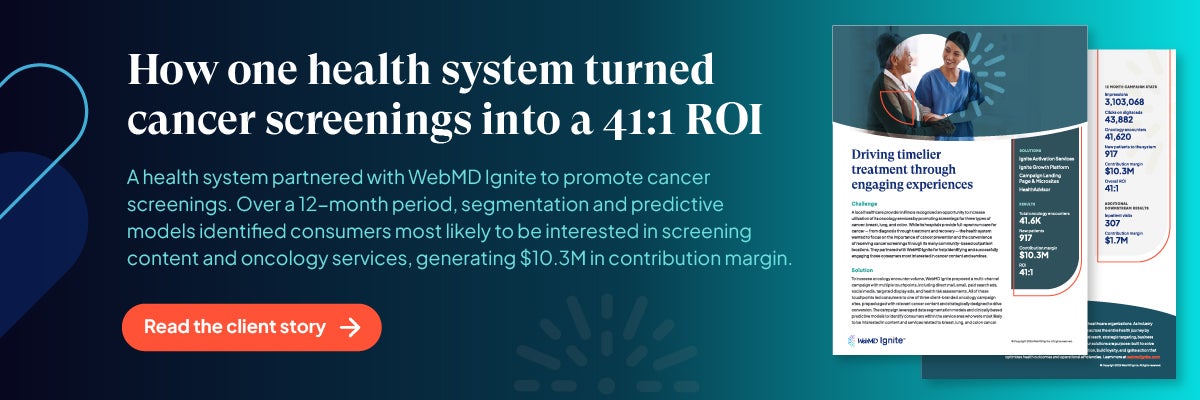 Promotion for client story with text, "How one health system turned cancer screenings into a 41:1 ROI" with summary and client story image over dark blue and black gradient