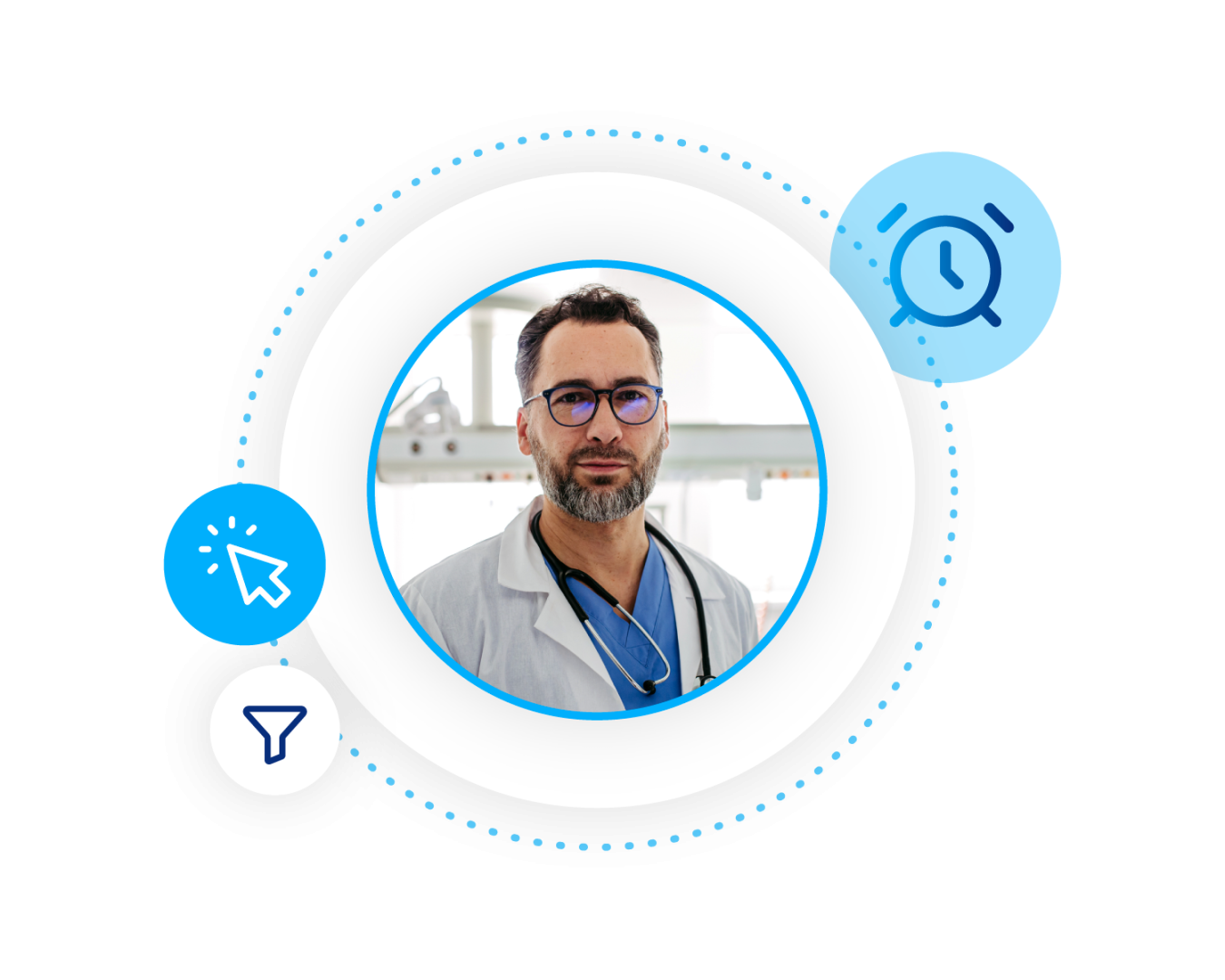 image of the doctor with icons surrounding it