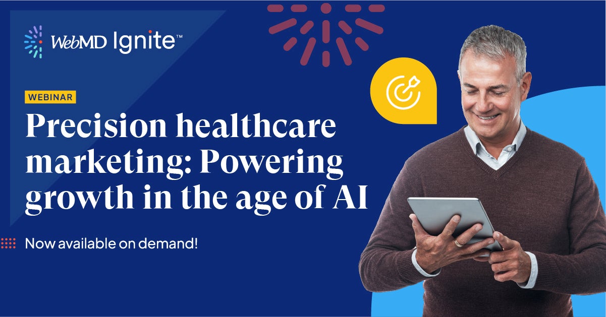 Man smiling with tablet against blue background, text saying "Webinar: precision healthcare marketing: powering growth in the age of A now available on demand"